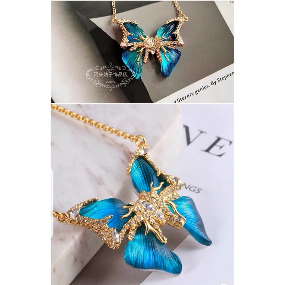 Alexis Bittar Blue and Gold Butterfly Pendant Necklace - Picture 2 of 6